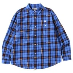 Tees Shop 29 A Bathing Ape Men Bape Logo Check Loose Fit Shirt (blue)