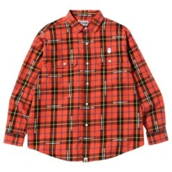 Tees Shop 27 A Bathing Ape Men Bape Logo Check Loose Fit Shirt (red)