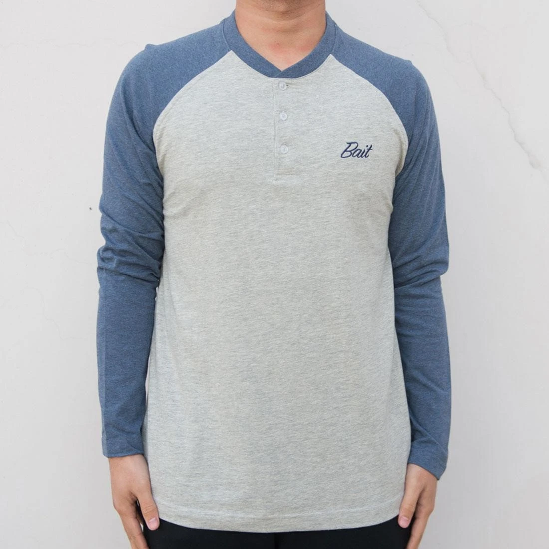 BAIT Men Core Henley Long Sleeve Tee (gray / Blue) 3 BAIT Men Core Henley Long Sleeve Tee (gray / Blue)