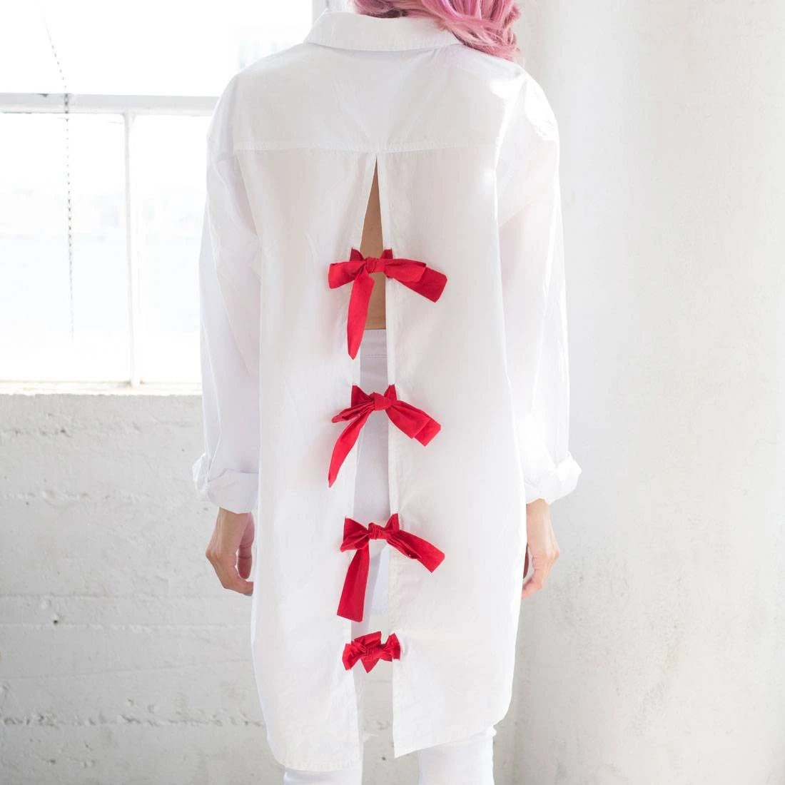 Lazy Oaf X Hello Kitty Women Bow Tie Long Sleeve Shirt (White) 4 Lazy Oaf X Hello Kitty Women Bow Tie Long Sleeve Shirt (White) - Image 2